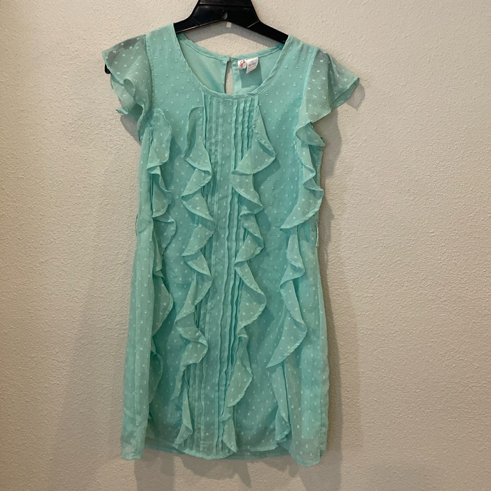 Spring / Summer Dress in Aqua Blue with Front Ruffles. Size 10